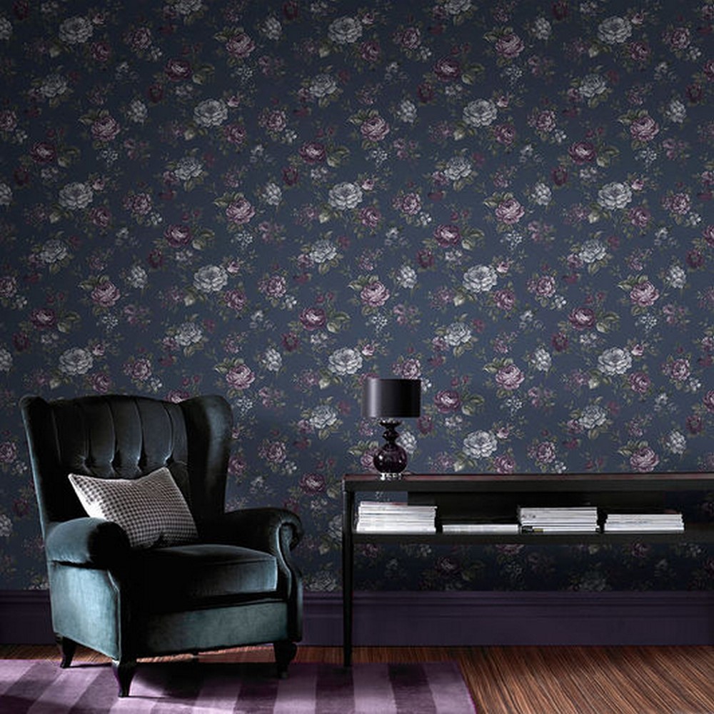 Muse Floral Wallpaper 103506 by Graham & Brown in French Navy Blue